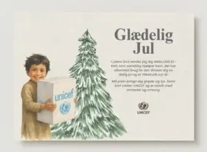 julekort med barn og juletræ